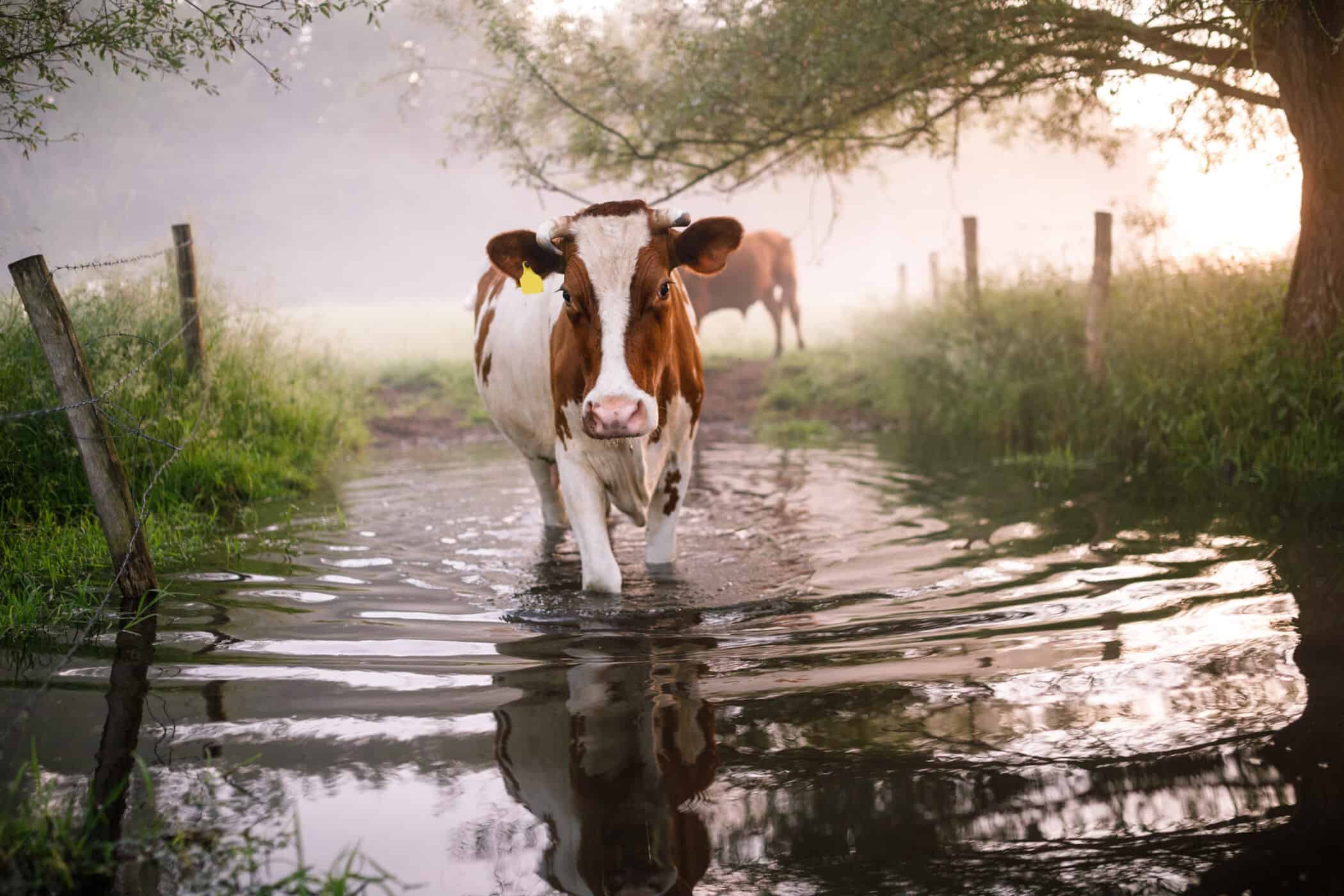Cow running through a river