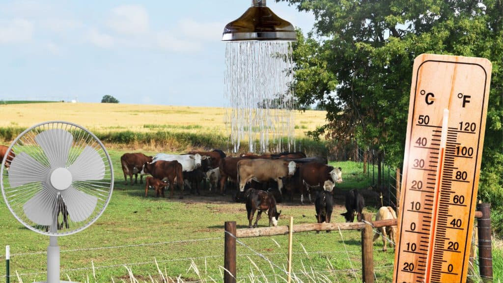 Kühe suchen den Schatten auf einer Weide bei heißen Temperaturen